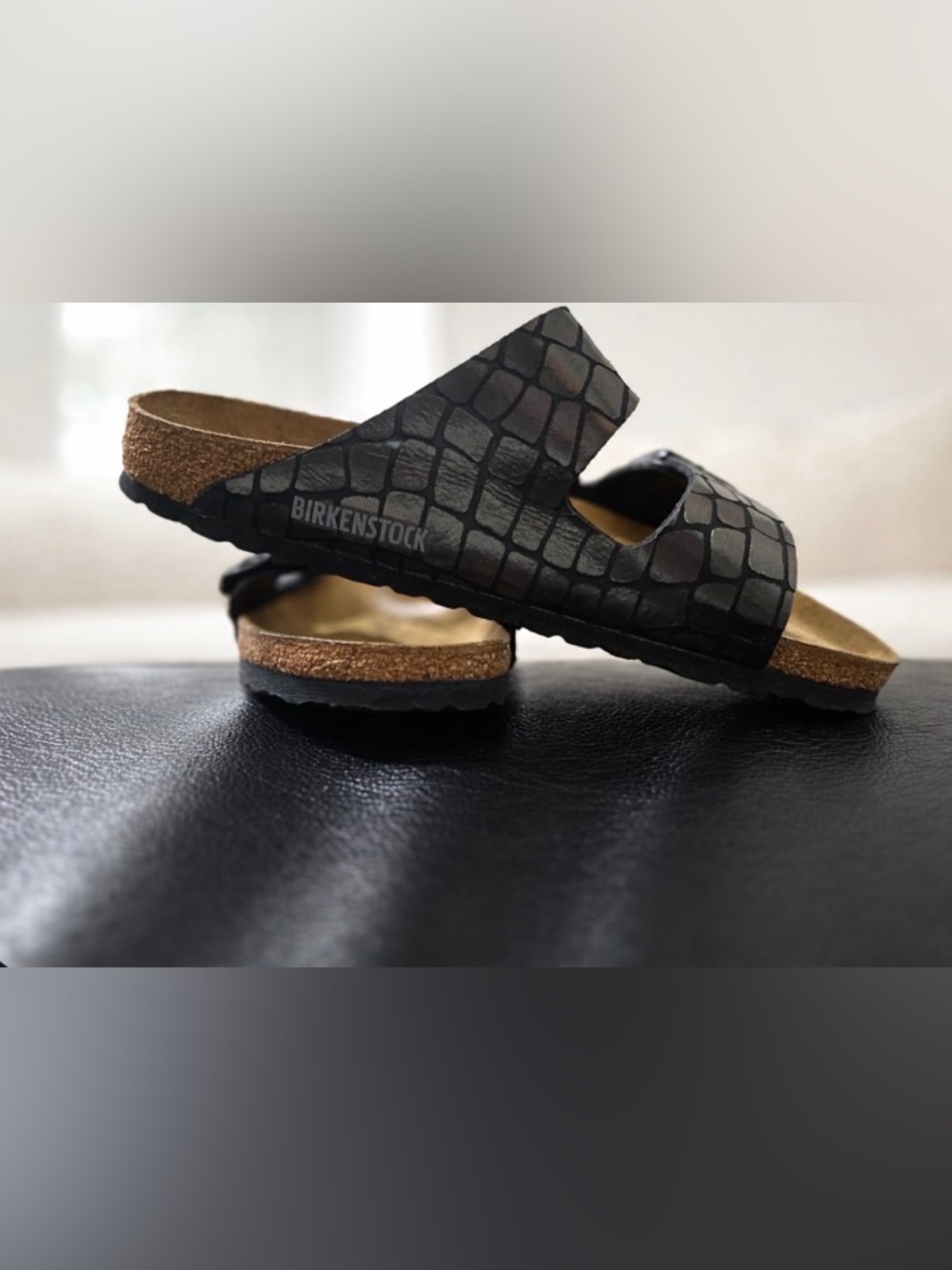 Birkenstock Black Croc-Embossed Two-Strap Slide Sandals
